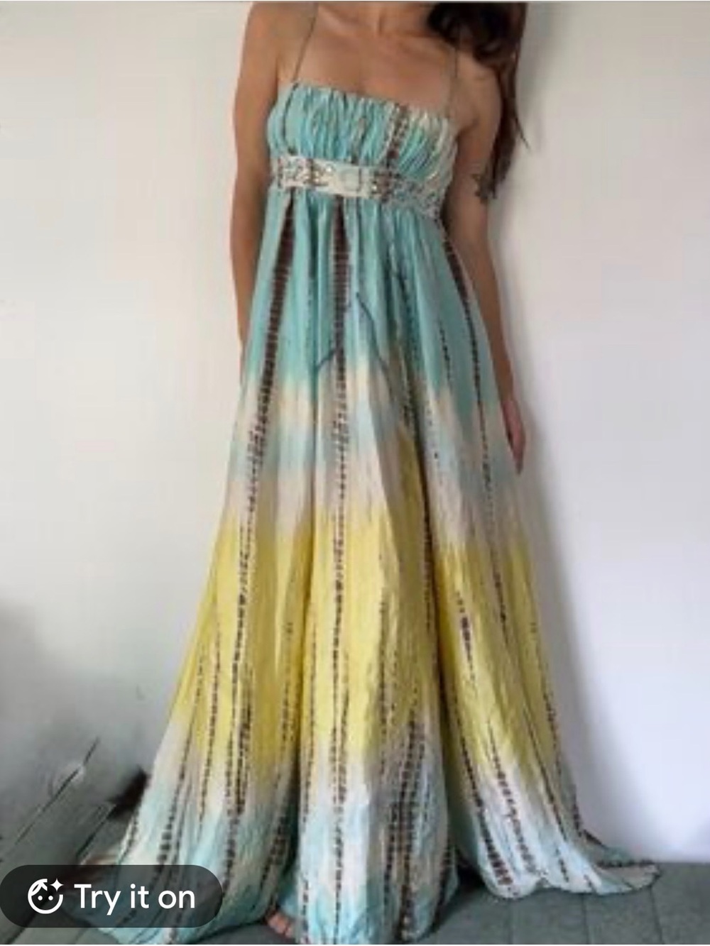 BCBGMaxria Boho Ombre Strapless Silk Maxi Dress - Turquoise & Yellow size XS
